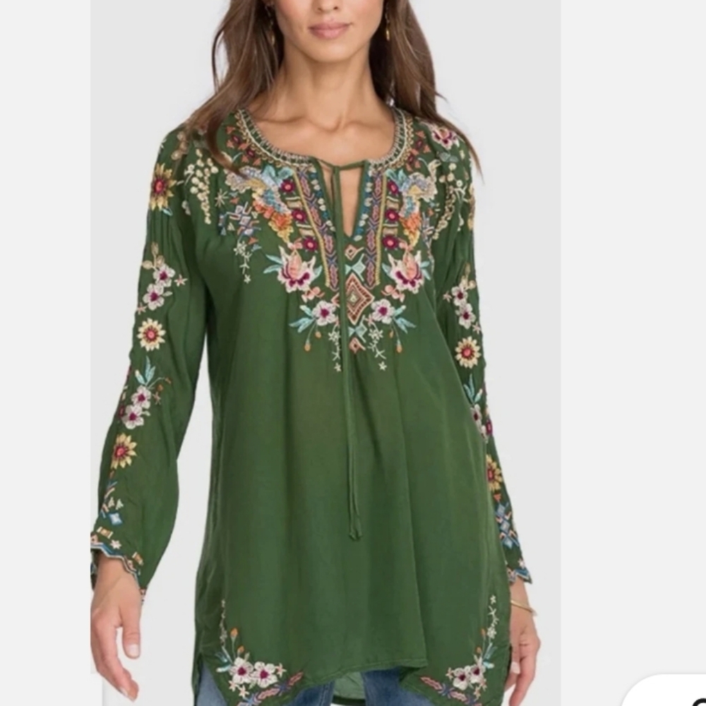 Johnny Was Olive Green Embroidered Peasant Tunic